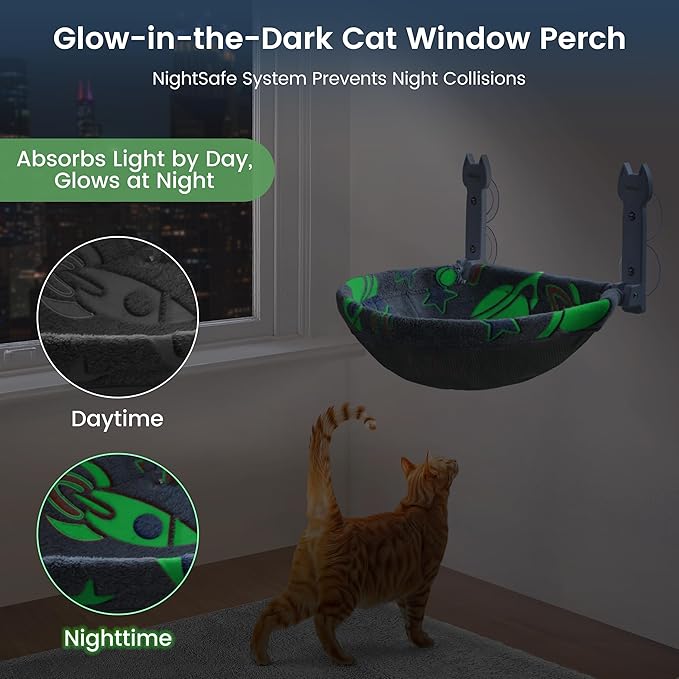 Cat Window Perch, Glow in The Dark Foldable Cat Hammock with Sunken Design & Removable Soft Cover, Breathable Cordless Window Bed for Resting Indoor Kitten (Deep Perch, 1 Pack - M)-Mewly Pet