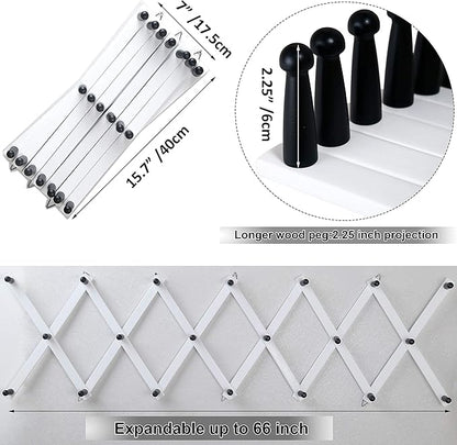 WEBI Accordion Wall Hanger,Expandable Wooden Coat Rack Wall Mounted,Accordion Hat Rack for Wall,Accordion Hook Rack for Hats,Caps,20 Pegs Hooks,Black on White