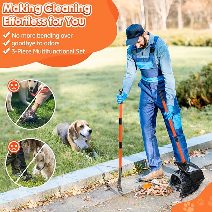 Lukovee Dog Pooper Scooper, 37.4" Long Adjustable Metal Handle Swivel Bin & Rake & Spade Kit with 20 Poop Bags, Portable Dog Non-Breakable Poop Scooper for Gravel Yard Lawn Grass, Orange-Mewly Pet