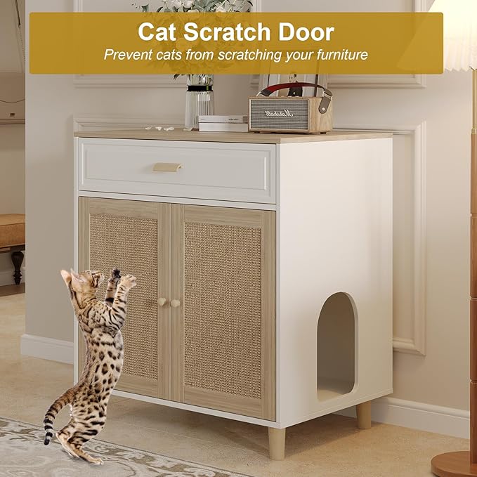 Cat Litter Box Enclosure Furniture Hidden - Indoor 2-in-1 Wooden Cat House & Washroom Cabinet with Scratching Board Doors and Drawer, 31.5”x21.6”x34.6”H-Mewly Pet