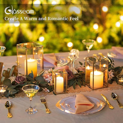 Glasseam Glass Hurricane Candle Holder: Set of 3 Gold Square Candle Holders for Pillar Candles Large for Table Centerpiece Wedding Christmas Decorative