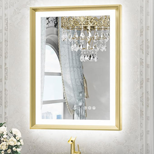 TETOTE Gold LED Mirror for Bathroom 20x28 Metal Frame Frontlit & Backlit Lighted Vanity Mirror Baroque Anti Fog Stepless Dimmable White/Warm/Natural,CRI90+,Wall Mounted(Horizontal/Vertical)