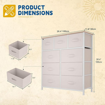 DWVO Dresser with 9 Drawers - Fabric Storage Tower, Organizer Unit for Living Room, Hallway - Sturdy Steel Frame, Wooden Top & Easy Pull Fabric Bins