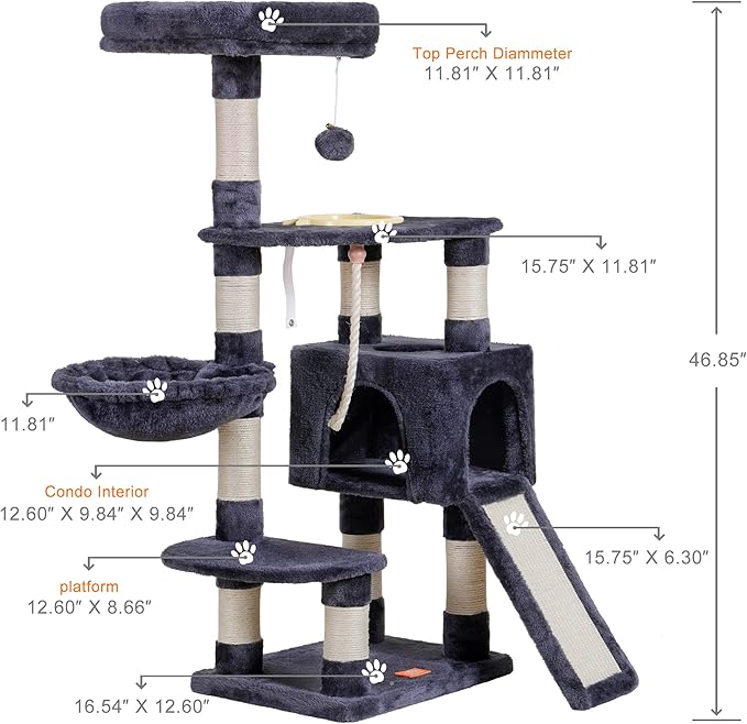 Heybly Cat Tree, Cat Tower for Indoor Cats with Scratching Board, Multi-Level Cat Furniture Condo with Feeding Bowl Smoky Gray HCT010SG-Mewly Pet