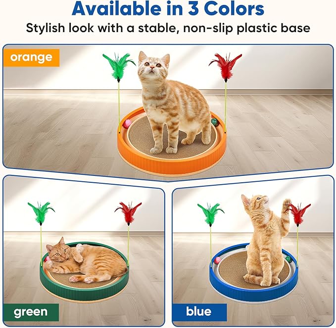 20-Inch Round Cat Scratcher with Ball Track – 3-in-1 Cardboard Scratching Pad with Feather Toy & Non-Slip Base – Interactive Cat Toy for Indoor Cats, Kittens & Large Cats (Blue)-Mewly Pet