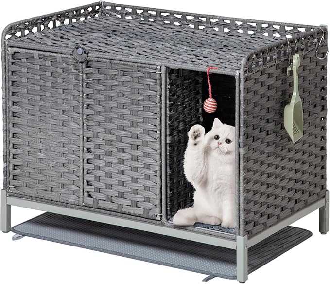 Cat Litter Box Enclosure Furniture with Divider, Handwoven Rattan Litter Box with Mat, 31.2 x 19.6 x 24.2 Inches, Metal Heightened Feet, Hidden Cat House for Living Room, Bedroom (Gray)-Mewly Pet