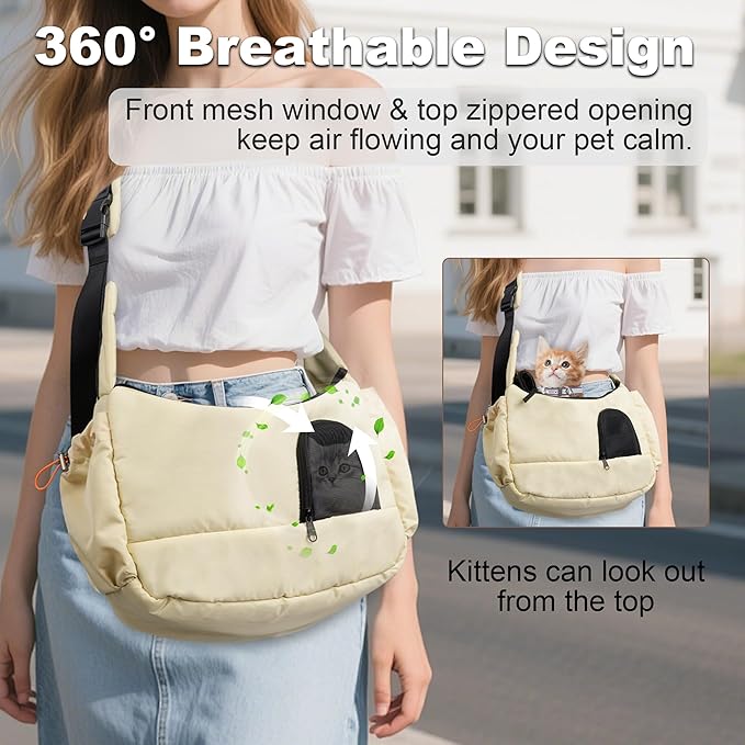 Cat Sling, Dog Carrier Sling for Kitten and Puppy up to 8.8 lbs, Breathable Cats Carrier Pouch Pet Purse with Soft Mat, Hands-Free Pet Carrier with Safety Harness and Pockets for Travel, Yellow-Mewly Pet