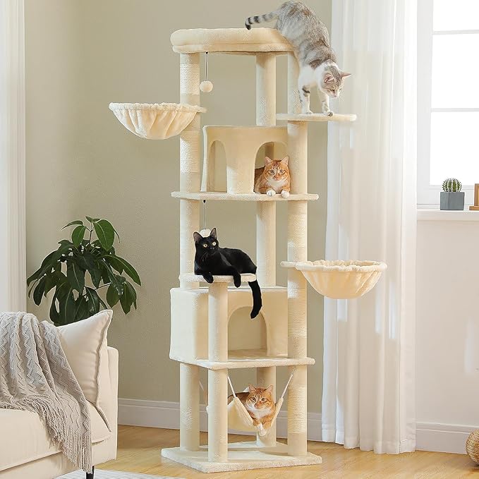 71.2" Tall Cat Tree for Indoor Cats - 9-Level Multi-Cat Tower w/5 Sisal Scratching Posts, 2 Condos, 3 Hammocks, Perch & Pom Poms - Heavy-Duty for Adult Cats, Space-Saving Plush Beige-Mewly Pet