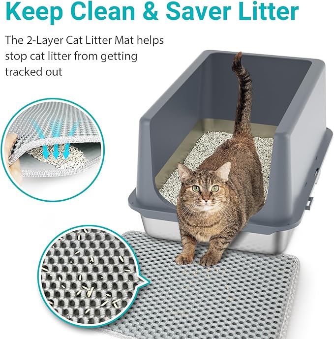 LIHONG Stainless Steel Litter Box with Lid, XL Metal Cat Litter Tray for Indoor Cats, Enclosure Cat Litter Pan for Large Cats, Non-Sticky Large Kitty Litter Box, Anti-Leakage, 23.5" X 15.6" X 12"-Mewly Pet