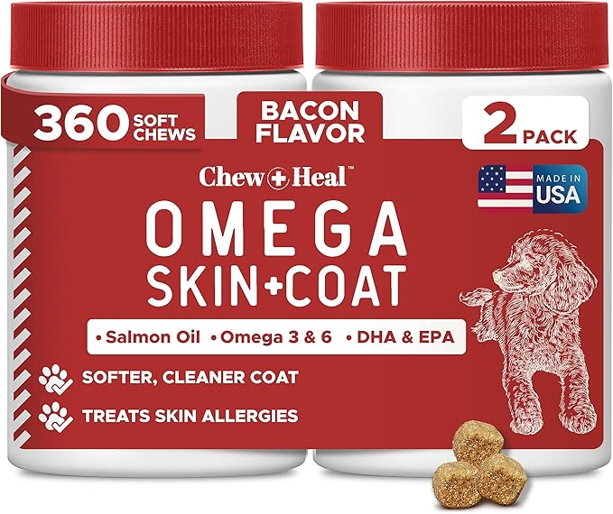 Best Itchy Skin Relief for Dogs -360 Soft Chew Omega Treats for Skin and Coat -Salmon Oil Blend of Fatty Acids, Omega 3, 6, Vitamins, Antioxidants -Made in USA (2 Packs of 180, Bacon Flavor)-Mewly Pet