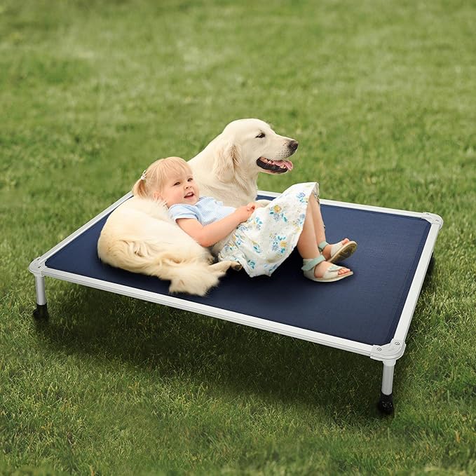 Veehoo Chew Proof Elevated Dog Bed - Cooling Raised Pet Cot - Silver Aluminum Frame and Durable Textilene Mesh Fabric, Unique Designed No-Slip Feet for Indoor or Outdoor Use, Blue, X-Large, CWC2003-Mewly Pet