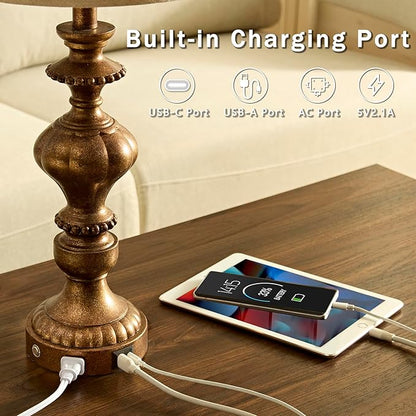 27.5" Farmhouse Table Lamps Set of 2 Bedside Nightstand Lamp with USB C+A Ports & AC Outlet, 3 Way Dimmable Touch Lamps for Bedroom Living Room Office Hallway Rustic Traditional Lamp (Copper)