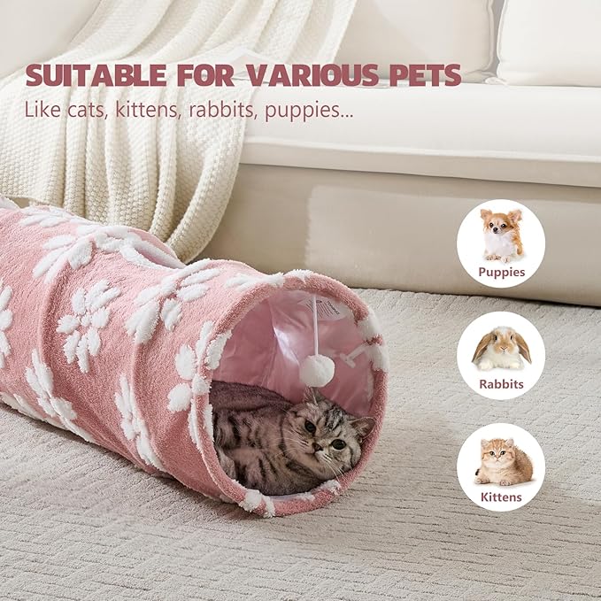 Straight Cat Tunnel for Indoor Cats 47"x12", Cute Cat Toys Collapsible Tunnel Tube with Balls for Puppy Kitten Rabbit, Pink Flower-Mewly Pet