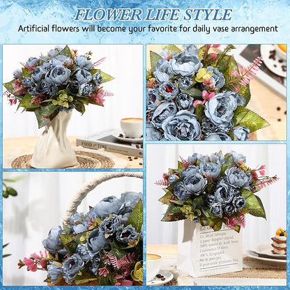 Geosar 8 Bundles Artificial Peonies Flowers Fake Silk Peony Bouquet Faux Peonies Flowers Bulk for Decoration Vase Floral Arrangements Wedding Party Table (Blue)