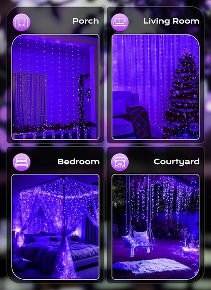 Brightown 300 LED Purple Halloween Fairy Curtain Lights, 9.8ft x 9.8ft Curtain String Lights, USB Plug in 8 Lighting Modes LED Christmas String Hanging Lights with Remote for Bedroom Indoor Weddings