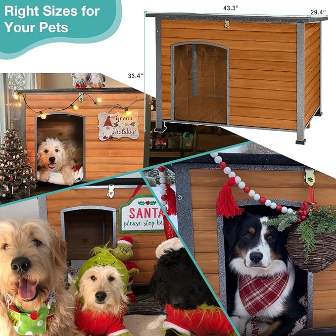 Indoor Outdoor Dog House,Anti-Chewing Iron Frame Dog Kennel,Wood Warm Pets Home,Weatherproof Outside Shelter (43.3" (L) x 29.4" (W) x 33.4" (H) Brown)-Mewly Pet