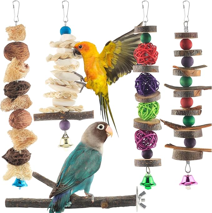 Bissap Bird Chew Toys, 5 Packs Parakeet Natural Wood Toys Parrot Hanging Cage Toy Bird Perch Stand for Small Bird Conure Cockatiel Parrotlet Lovebird Budgie-Mewly Pet