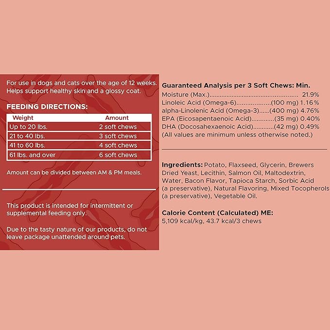 Omega for Dogs - 180 Delicious Soft Chews - Salmon Oil Treats for Skin and Coat, Itch Relief - Fish Oil Blend of Essential Fatty Acids, Omega 3, 6, and 9, and Vitamins - Smoked Bacon Flavor-Mewly Pet