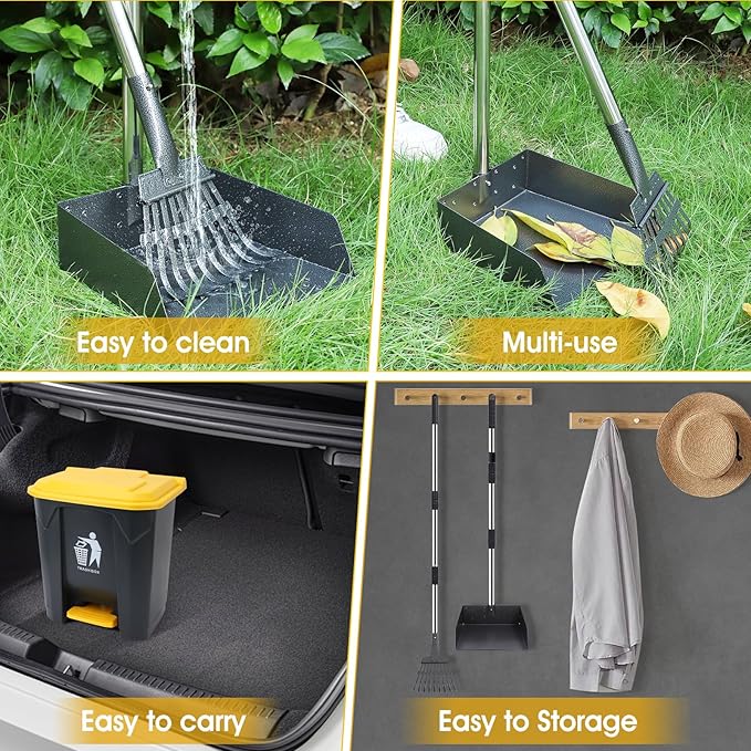 Dog Pooper Scooper, 20L Large Dog Poop Trash Can Outside with Removable Inner Bucket, Poop Trash Can for dog Outdoors with 90 Waste Bags, 37inch Long Handle Stainless Metal Tray & Rake-Mewly Pet