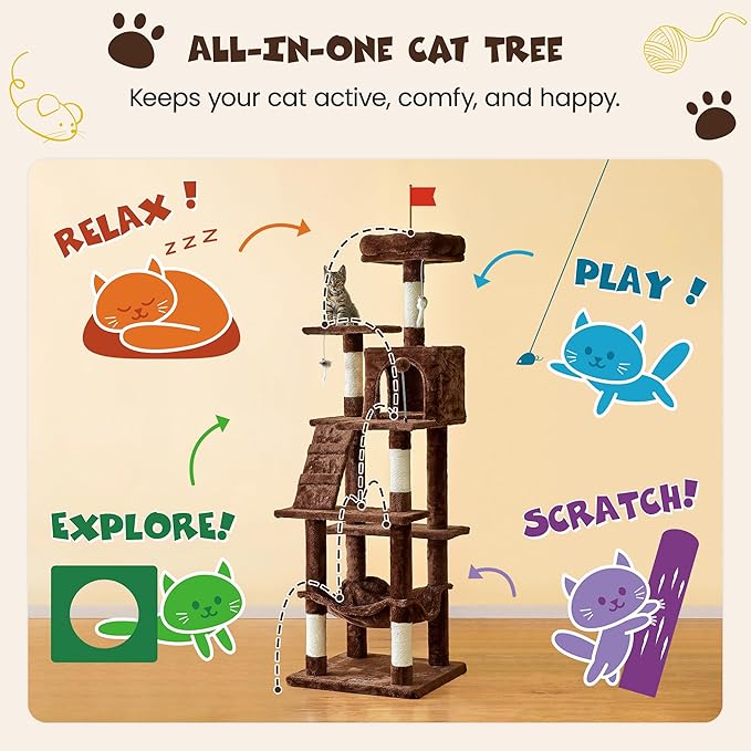 MWPO 63.8 inches Multi-Level Cat Tree for Large Cats with Sisal-Covered Scratching Posts, Padded Platform, Hammock and Condo,Stable Cat Tower Cat Condo Pet Play House (Brown)-Mewly Pet