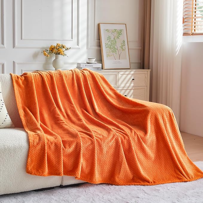 NEWCOSPLAY Super Soft Twin Blanket Orange Premium Silky Flannel Fleece Leaves Pattern Lightweight Bed Blanket All Season Use (Orange, Twin(60"x80"))