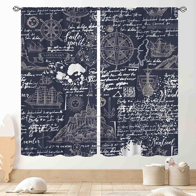 Vintage Nautical Curtains, Marine Coastal Sailboat Compass Anchor Ocean Beach Old Pirate Map Navy Blue Blackout Retro Drapes for Bedroom Living Room Kitchen Bathroom Window 2 Panels, 55"x63" Inch
