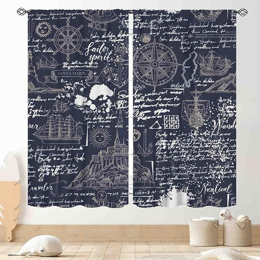 Vintage Nautical Curtains, Marine Coastal Sailboat Compass Anchor Ocean Beach Old Pirate Map Navy Blue Blackout Retro Drapes for Bedroom Living Room Kitchen Bathroom Window 2 Panels, 55"x63" Inch