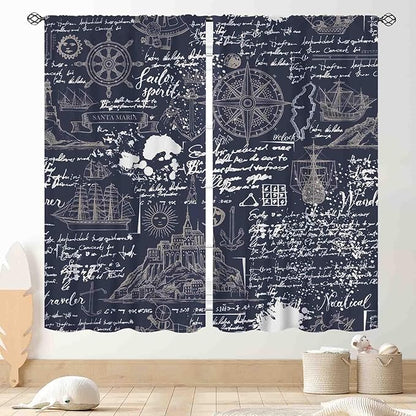 Vintage Nautical Curtains, Marine Coastal Sailboat Compass Anchor Ocean Beach Old Pirate Map Navy Blue Blackout Retro Drapes for Bedroom Living Room Kitchen Bathroom Window 2 Panels, 84"x84" Inch