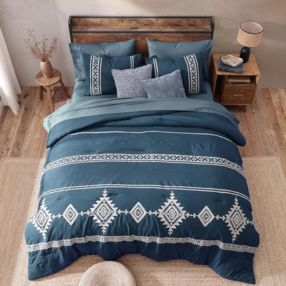 MaiRêve Embroidery Queen Size Comforter Set Navy Blue, Boho Farmhouse Western Bedding Set 7 Pieces, All Season Bed in A Bag Comforter Set with Sheets, Pillowcases & Shams