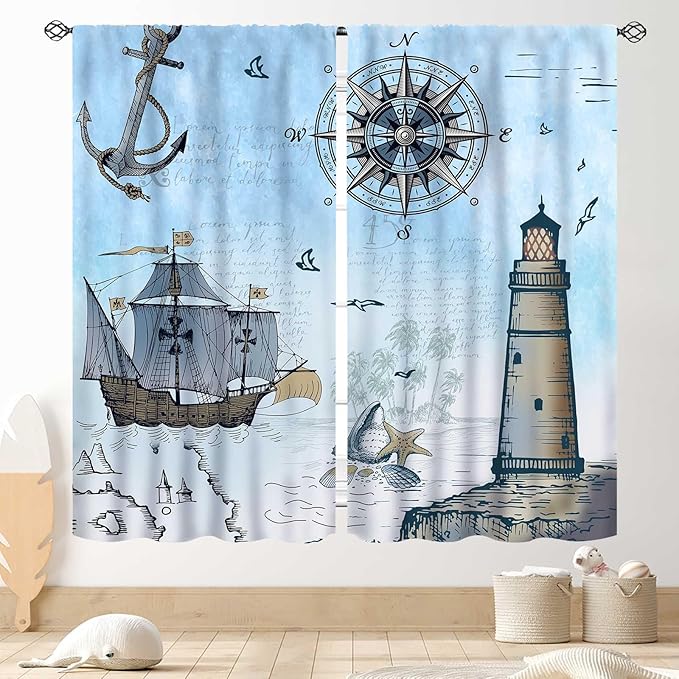 Nautical Curtains, Vintage Marine Coastal Sailboat Compass Anchor Ocean Beach Lighthouse Watercolor Blue Decorative Drapes for Bedroom Living Room Kitchen Bathroom Window 2 Panels Set, 84"x84" Inch
