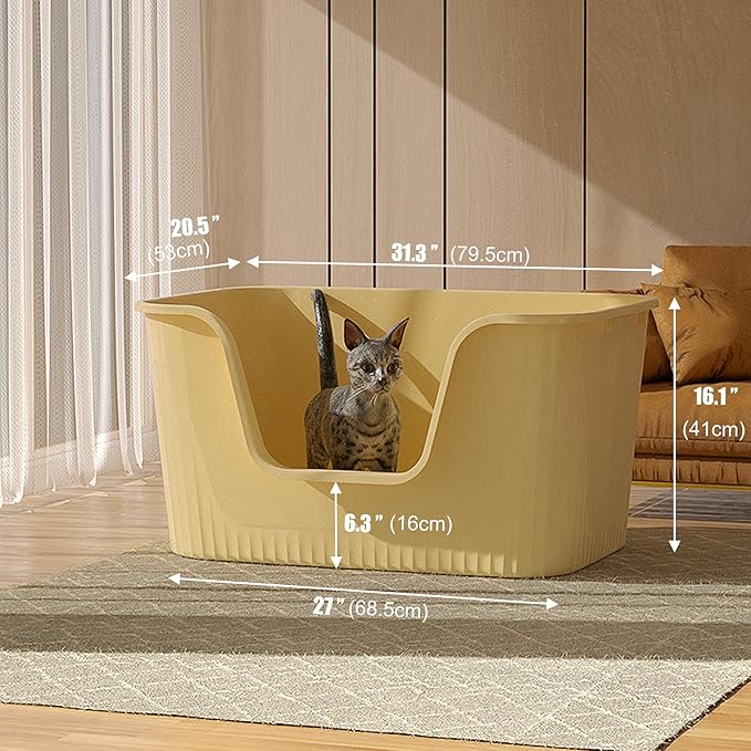 Vealind Extra Large Litter Boxes for Big Cats 31''×21''×16'', XXL Litter Boxes for Big Cats or Multiple Cats, Jumbo High Sided Litter Pan, Leak-Proof & Anti-Splashing, Easy Clean & Durable (Yellow)-Mewly Pet