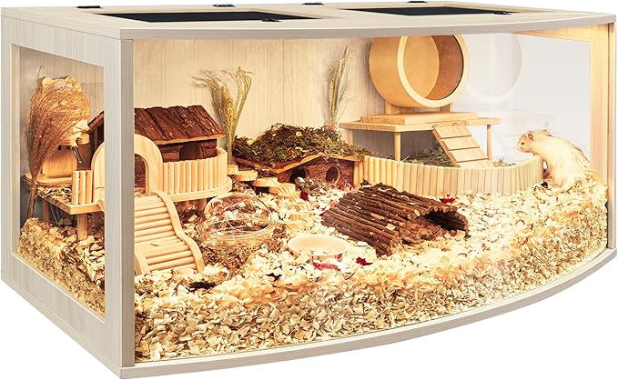 Prolee Hamster Cage Chew Proof Wood, Hamsters Enclosure Openable Top with Curved Design,Waterproof Small Animals Cage with Acrylic Sheets for Gerbils,Hamster Habitat(32 Inches)-Mewly Pet