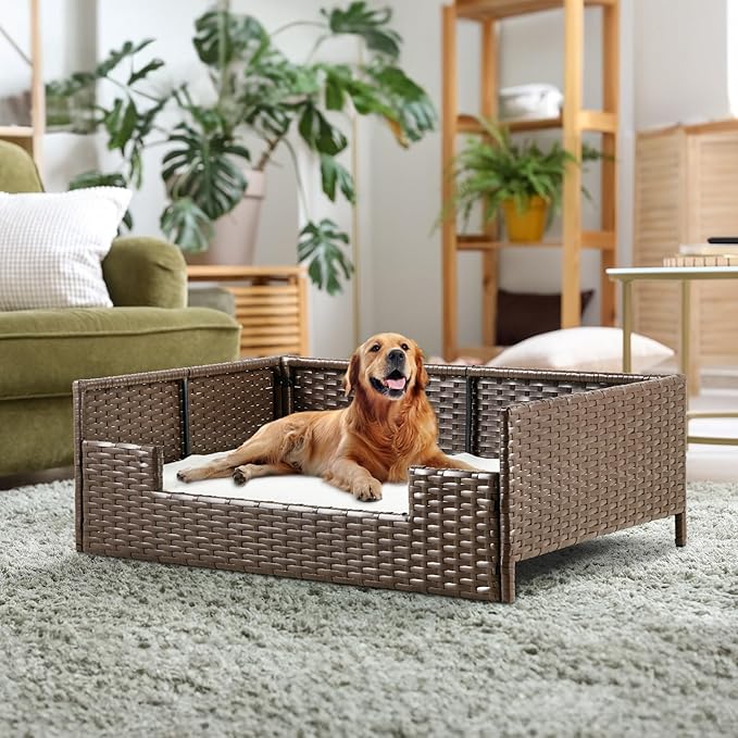 YITAHOME Rattan Dog Sofa Bed with Cushion,Wicker Pet Bed Sofa Couch Indoor Outdoor Waterproof for Large Medium Small Dogs Cats (38.6''L*26.4''W*15''H,Beige)-Mewly Pet