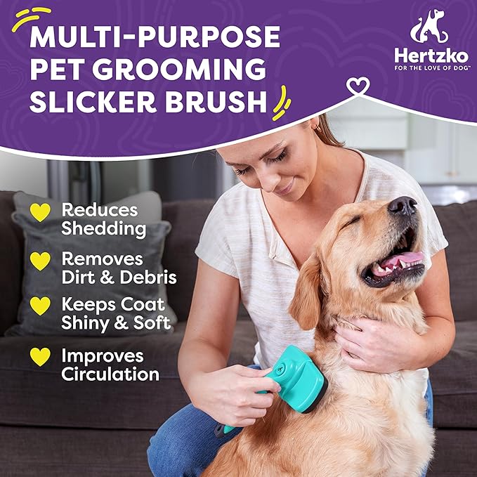 Hertzko Dog Brush for Shedding - Self Cleaning Slicker Brush for Dogs and Cats - Gently Removes Loose Hair, Tangles, and Dirt - Grooming Comb Suitable for Long or Short Coats - Aqua-Mewly Pet