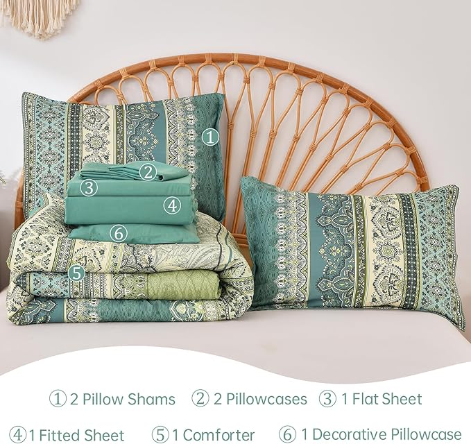 Cottolester Boho King Comforter Set 8 Pieces,Green Bohemian Comforter Paisley Striped Bed in A Bag,Soft Microfiber Bedding Set for All Season
