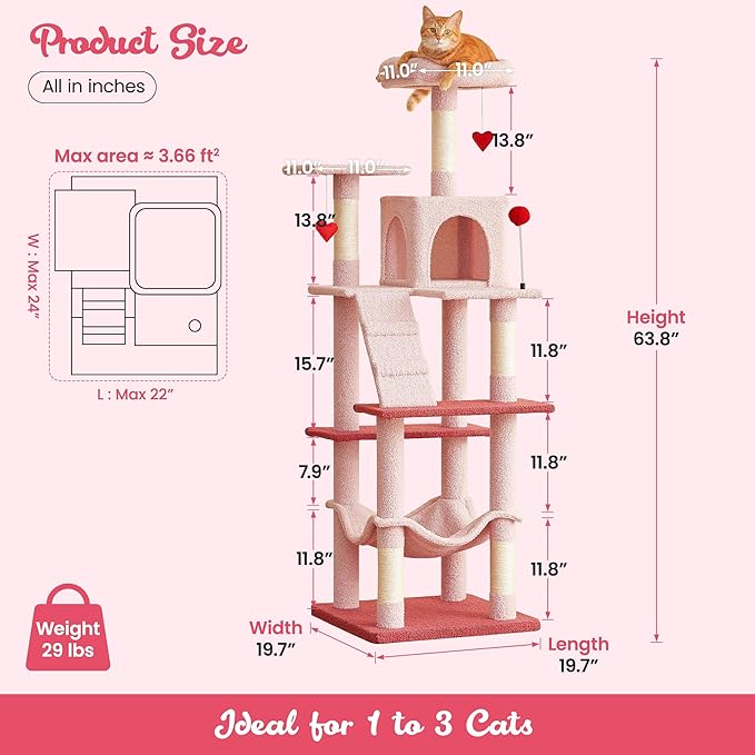 MWPO Cute Cat Tree, 63.8-Inch Pink Cat Tower for Indoor Cats, Multi-Level Cat Condo with 5 Scratching Posts, 2 Perches, Hammock, Dangling Toys-Mewly Pet