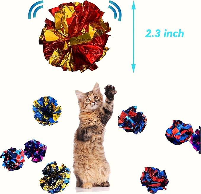 Cat Crinkle Ball Toys 10 Packs for Indoor Cats to Kill Time and Keep Fit, 2.3 Inch Colorful Mylar Crinkle Balls Attract Cats to Swat, Bite, Hunt, Interactive Toys for Cats and Kittens-Mewly Pet