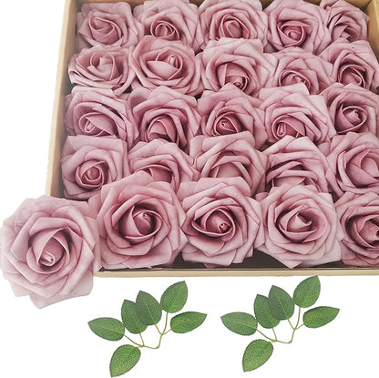 Artificial Flowers 25pcs Fake Roses, Brick Red Foam Rose Faux Flower for DIY Wedding Bouquets Bridal Shower Centerpieces Floral Arrangements Home Decorations Party Backdrops Table