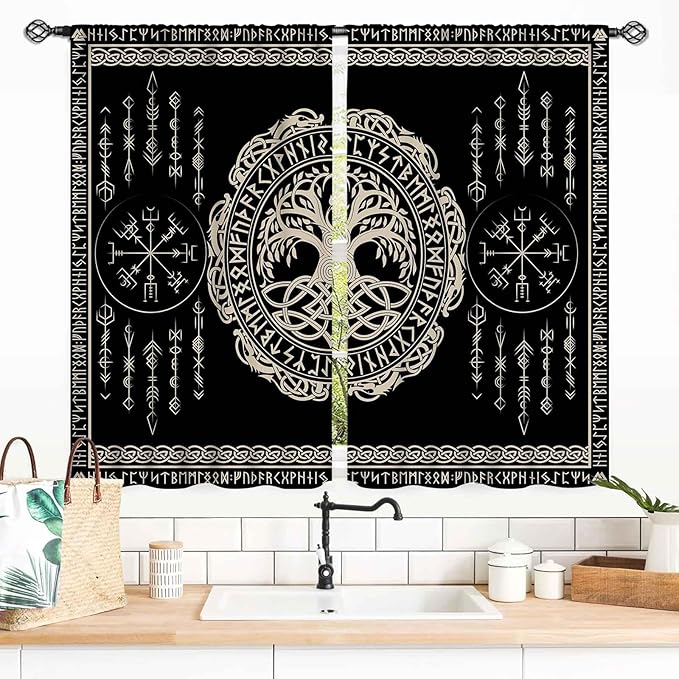 Viking Curtains, Nordic Tree of Life Celtic Rune Scandinavian Gothic Norse Mythology Aesthetic Retro Drapery for Bedroom Living Room Bathroom Window 2 Panel Set, 55x39 Inch