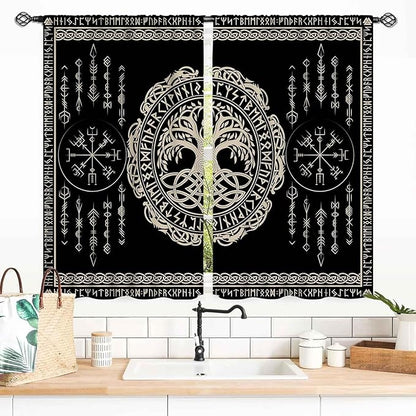 Viking Curtains, Nordic Tree of Life Celtic Rune Scandinavian Gothic Norse Mythology Aesthetic Retro Drapery for Bedroom Living Room Bathroom Window 2 Panel Set, 55x39 Inch