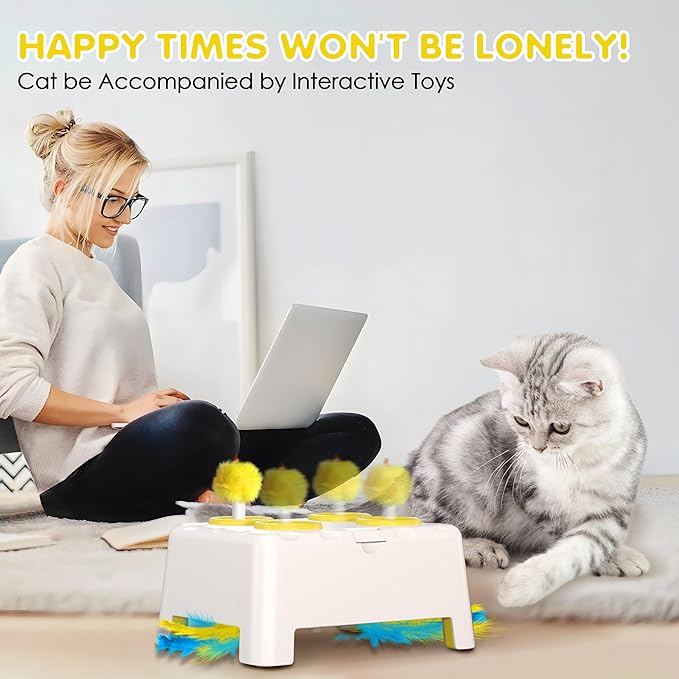 Cat Toys, 2 in1 Automatic Interactive Cat Toys for Indoor Cats, 4 Holes Mice Whack a Mole Cat Mouse Toy with Moving Feather, Rechargeable USB Power Kitten Feather Toys for All Breeds (Yellow)-Mewly Pet