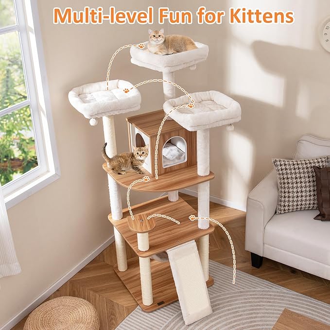 PETSITE 68 Inch Modern Tall Cat Tree for Indoor Cats, Multi-Level Wooden Cat Tree Tower with Sisal Scratching Posts, 3 Top Perches, Cat Condo, Comfy Hammock, Sisal Ramp, and Jingling Balls-Mewly Pet