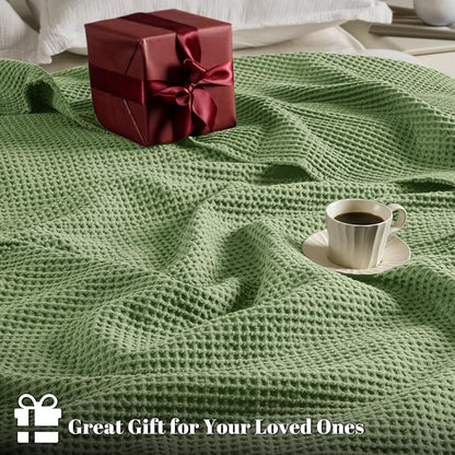 PHF 100% Cotton Waffle Weave Blanket King Size for Bed,Snag Proof Lightweight Breathable Moisture-Wicking Throw for Couch,Great for Layering in Cold Weather,Machine Washable,Home Decor-Loden Green