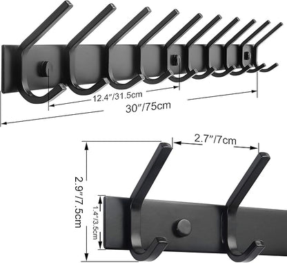 WEBI Coat Rack Wall Mounted,10 Hooks for Hanging Coats,30 Inch Hook Rack Hook Rail Coat Hanger Wall Mount for Backpack,Clothes,Jacket,Black