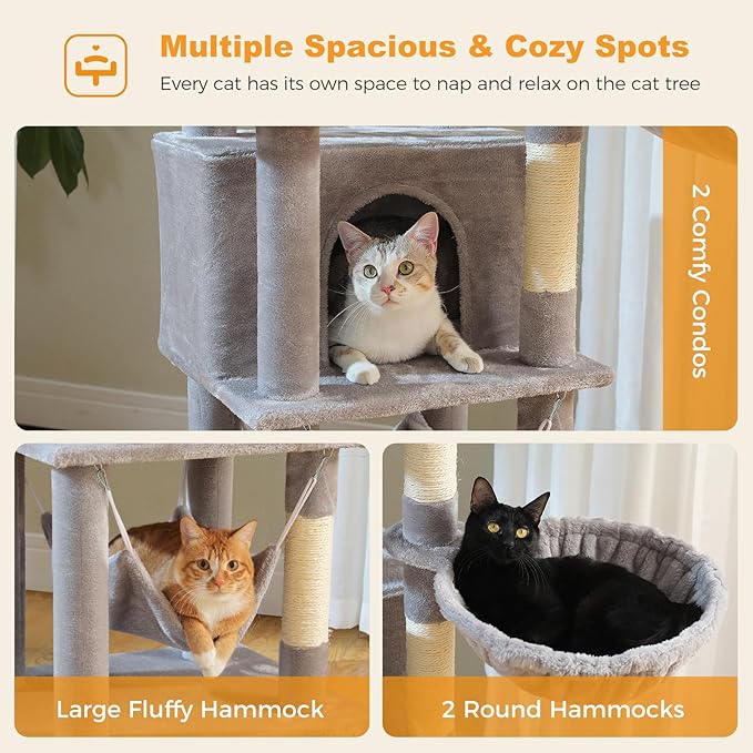 71.2" Tall Cat Tree for Indoor Cats - 9-Level Multi-Cat Tower w/5 Sisal Scratching Posts, 2 Condos, 3 Hammocks, Perch & Pom Poms - Heavy-Duty for Adult Cats, Space-Saving Plush Gray-Mewly Pet