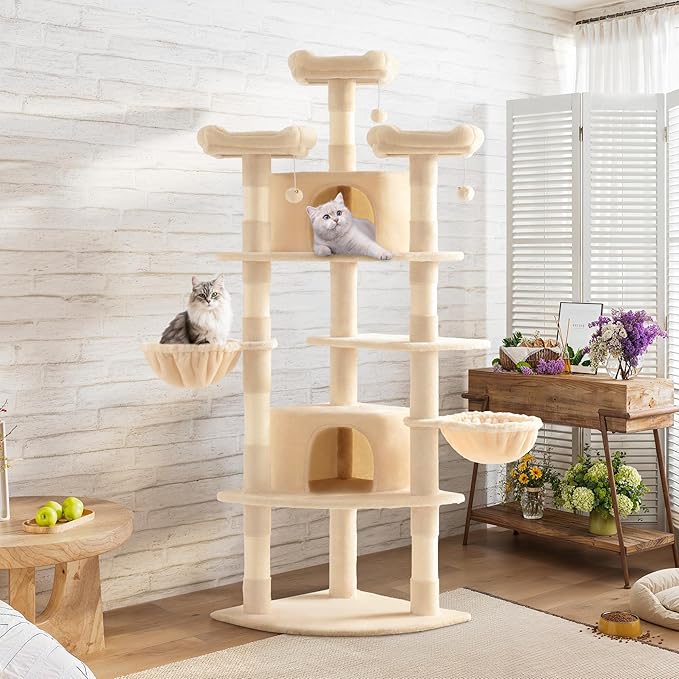 SHA CERLIN 73in Fan-Shaped Corner Cat Tower for Save Space/Multi-Level Tall Cat Tree for Indoor Kitties/Condo with Baskets/Cozy Perches/Sisal Scratching Posts/Pet Activity House/Beige-Mewly Pet