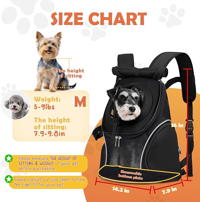WOYYHO Pet Dog Carrier Backpack with Top and Side Windows, Small Dog Front Backpack Ventilated Mesh Dog Back Pack with Safety Belt for Travel Hiking Outdoor Adventures (Size M: 5-9 lbs, Black 2.0)-Mewly Pet