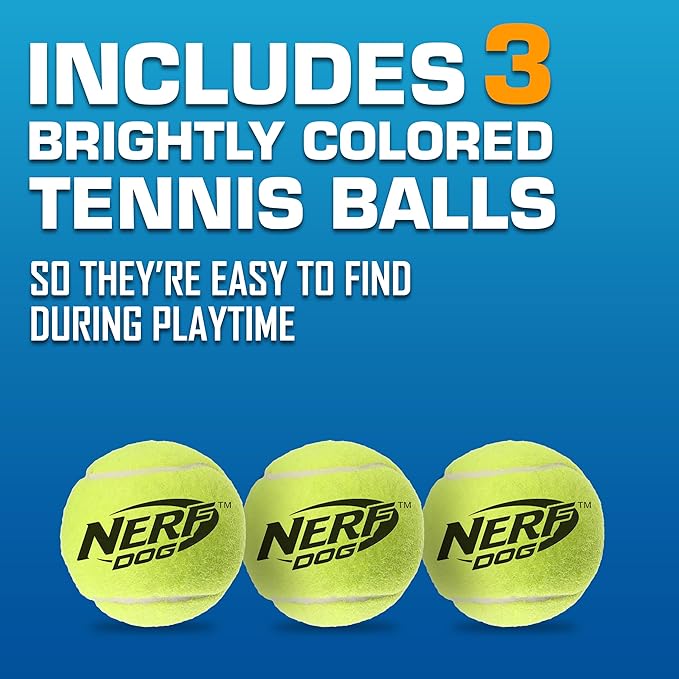 Nerf Dog Tennis Ball Blaster Dog Toy Gift Set, Tennis Ball Dog Fetch Toy Launches up to 50 ft, Dog Ball Thrower for All Breeds Includes Translucent Blue Tennis Ball Launcher and 3 Dog Tennis Balls-Mewly Pet