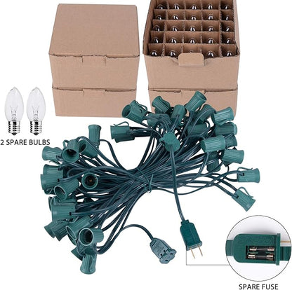 100 Feet C9 Bulb String Lights Outdoor Clear Christmas Lights Green Wire for Outdoor Patio Room Party Backyard Decoration, E17 Base, 100 Bulbs