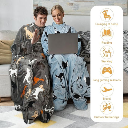 Catalonia Wearable Fleece Blanket with Sleeves and Foot Pockets for Adult Women Men, Micro Plush Comfy Wrap Sleeved Throw Blanket Robe Large, Wondercat Grey